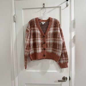 Cupcakes and Cashmere blush pink plaid oversized puff sleeve cardigan (fair)